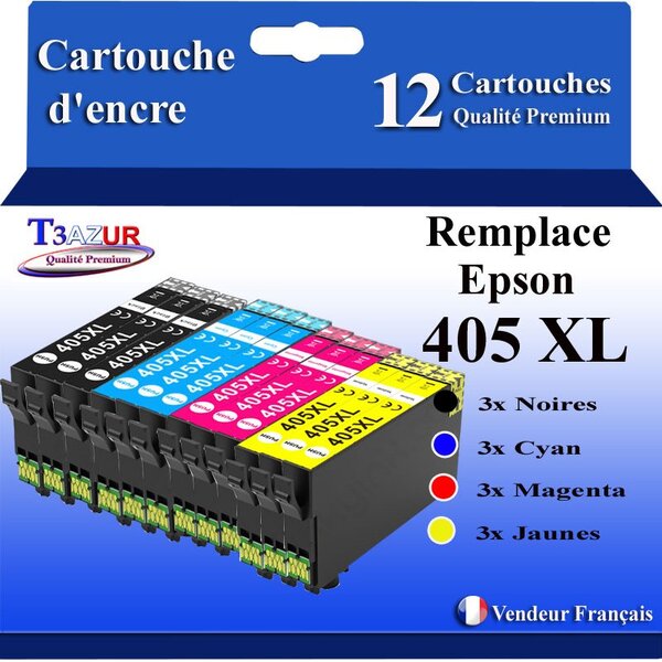 T3AZUR - 12x Cartouches compatibles avec Epson WorkForce Pro WF-3825DWF (3Noires + 3Cyan + 3 Magenta + 3 Jaunes)