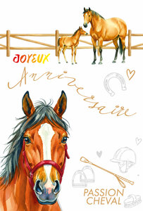 69-3126 Carte Anniversaire Animaux Cheval Jument Poulain Poney pour Cavalier Cavalière Peinture Aquarelle -Finitions Dorure Or Doré + Gaufrage en Relief +1 Enveloppe Format 12x17cm -Fabriqué en Europe