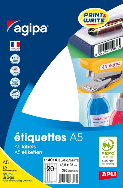 Etiquettes blanches 16 feuilles A5 48 5x25 mm 320 pièces