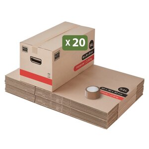 Pack and Move- Lot 20 Cartons Déménagement Premium - 60 X 30 X 30 Cm - Extrême Résistance 25KG - Réutilisable - Poignées Renforcées - 1 Adhésif Offert