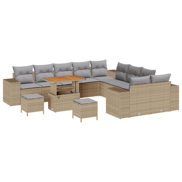 vidaXL Ensemble de Canapé de Jardin 13 Pièces avec Coussins en Rattan Poly Beige Acacia