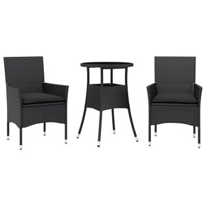 vidaXL Ensemble à manger de jardin et coussins 3 Pièces noir rotin verre