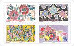 Carnet de 12 timbres - Fleurs brodées - Lettre verte