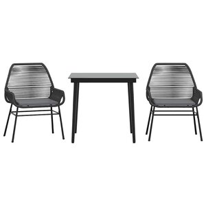 vidaXL Ensemble à manger de jardin et coussins 3 Pièces noir rotin verre