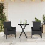 vidaXL Ensemble de bistro avec coussins 3Pièces noir résine tressée verre