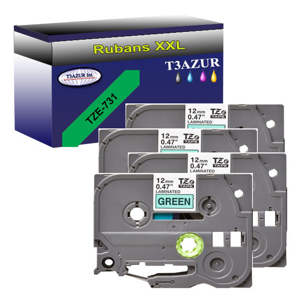 4 x Rubans pour étiquettes laminées générique Brother Tze-731 pour étiqueteuses P-touch - Texte noir sur fond vert - T3AZUR