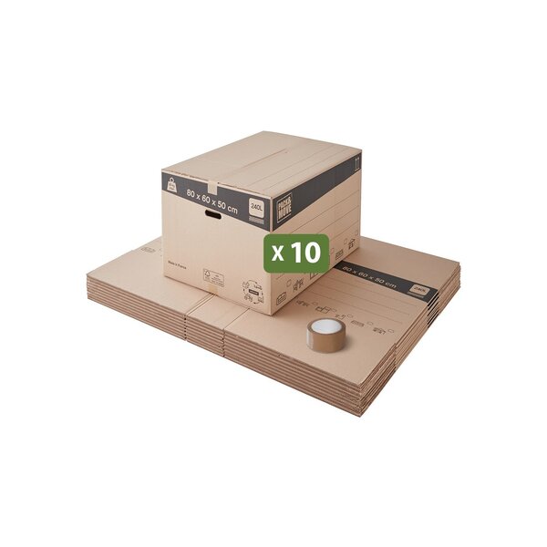 Pack and Move - Lot 10 cartons déménagement XXL - 80 x 60 x 50 cm - Poignées renforcées - 1 adhésif offert