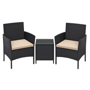 Salon de jardin extérieur trois pièces ensemble de mobilier surface tressée en PE table et chaises pour terrasse jardin balcon noir et taupe 12_0001653