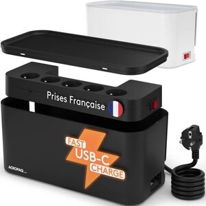 ACROPAQ Boite cache cable compatible France- cache multiprise avec multiprise intégrée- USB-A et USB-C- Rangement cable- 2500W- Noir