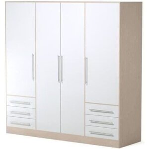Armoire 4 portes battantes + 6 tiroirs- Bois aggloméré - chêne et blanc - 206 x 60 x 200 cm