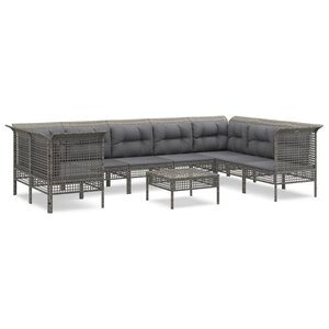 vidaXL Salon de jardin 9 Pièces avec coussins Gris Résine tressée
