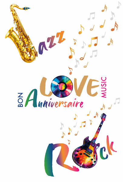 69-3120 Carte Anniversaire Musique Rock Musicien Musicienne Guitare Saxophone Disque Peinture Aquarelle - Finitions Dorure Or Doré + Gaufrage en Relief +1 Enveloppe Format 12x17cm - Fabriqué en Europe