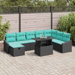 vidaXL Ensemble de canapé de jardin avec coussin 9 Pièces Noir Poly rotin