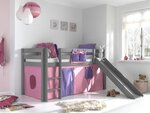 Lit Enfant Surélevé Avec Toboggan Pino 90x200cm Gris + Rideau de lit Bella
