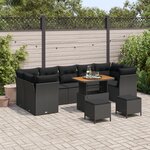 Ensemble de canapés de jardin 10 pièces avec coussins noir poly rotin acacia