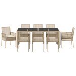 Ensemble de salle à manger de jardin 9 pièces avec coussins beige en poly rattan