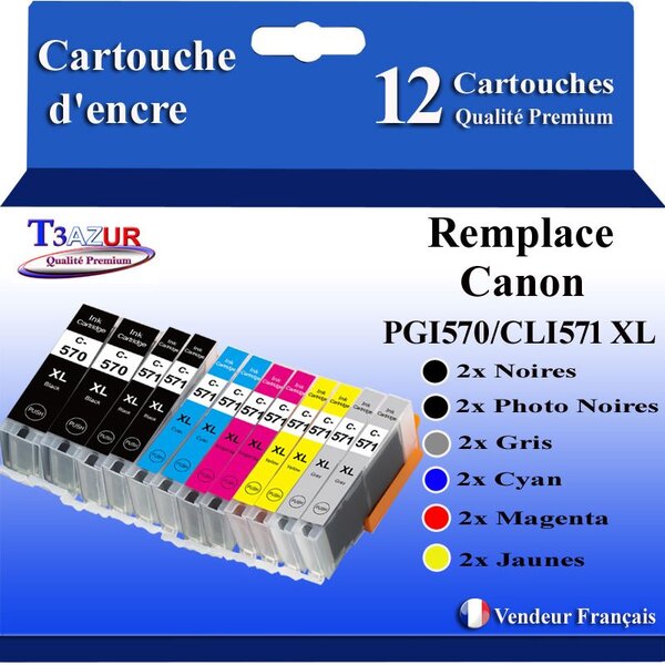 T3AZUR - 12x Cartouches compatibles avec Canon PGI-570XL CLI-571 XL pour Canon Pixma MG7751 MG7752 MG7753 TS8050 TS8051 TS8052 TS8053 TS9050 TS9055