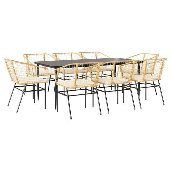 vidaXL Ensemble à manger jardin coussins 9Pièces marron poly rotin verre
