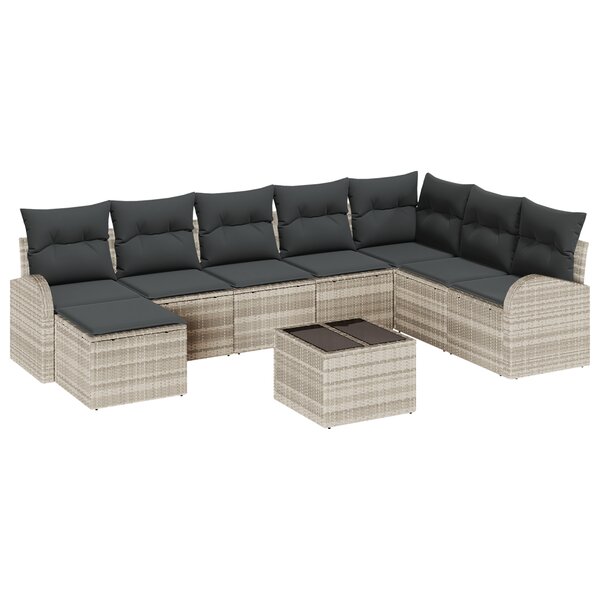 vidaXL Ensemble de canapé de jardin 9 pièces avec coussins gris en poly rattan