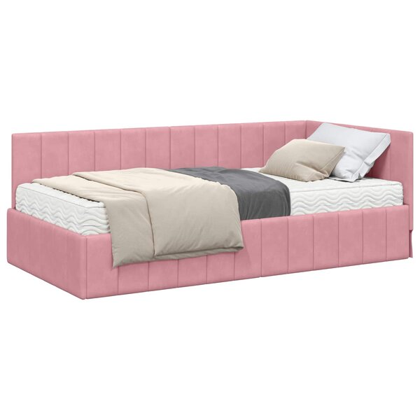 vidaXL Cadre de lit d'angle avec matelas 2 pc Rose 90 x 190 cm Velours