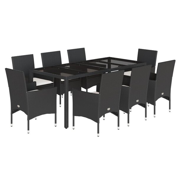 vidaXL Ensemble à manger de jardin et coussins 9 Pièces noir rotin verre