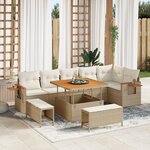 Ensemble de canapé de jardin de 9 pièces avec coussins beige poly rotin acacia