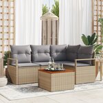 Canapé de Jardin en Rattan Poly Beige 5 Pièces avec Coussins Acacia