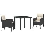 vidaXL Set de salle à manger de jardin 3 pièces avec coussins en rattan poly noir