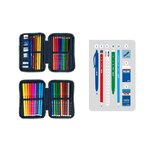 Trousse à crayons à deux niveaux Milan Collection 430 avec 2 gommes  un taille-crayon  un crayon  un stylo à bille P1 Touch Blue  une règle  12 crayons de couleur et 18 marqueurs - Vert