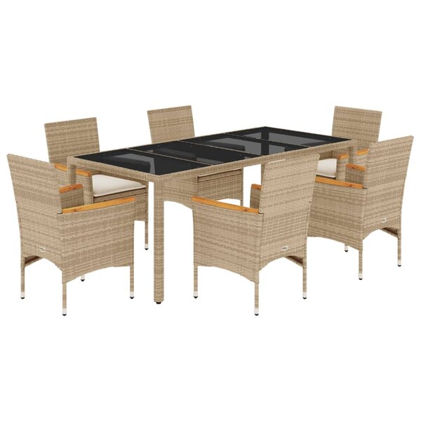 vidaXL Ensemble à manger de jardin et coussins 7 Pièces beige rotin verre