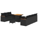 Ensemble de canapé de jardin 10 pièces avec coussins Noir Poly Rattan Acacia