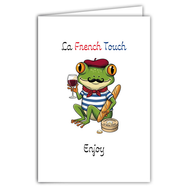 69-4505 Carte La French Touch Froggy Grenouille en Marinière Béret Baguette de Pain Vin Fromage Camembert Clichés français Illustration Humoristique - Avec Enveloppe 12x17cm - Fabrication française