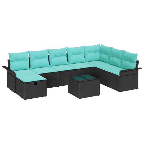 vidaXL Ensemble de canapé de jardin 9 Pièces Noir et turquoise polyrotin