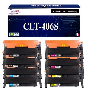 T3AZUR - 8x Toners compatibles avec Samsung CLT-406S pour Samsung CLP360 CLP365 CLP365W CLX3300 CLX3305 CLX3305FN CLX3305FW CLX3305W