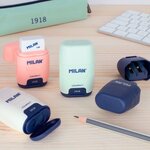 Milan Compact Series 1918 Présentoir de 16 Aiguiseurs Compacts avec Gomme - Aiguiseur Double - Lame de Sécurité - Coloris Beige  Bleu  Rose et Vert