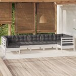vidaXL Salon de jardin 7 Pièces avec coussins blanc bois de pin