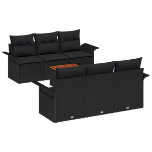 Ensemble de Canapé de Jardin 7 Pièces avec Coussins Noir Poly Rattan Acacia