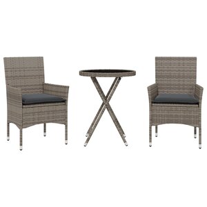 vidaXL Ensemble de bistro avec coussins 3 Pièces gris rotin et verre