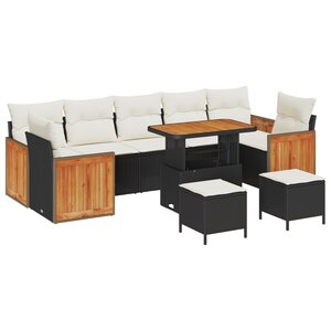 Ensemble de canapé de jardin 10 pièces avec coussins Noir Poly Rattan Acacia