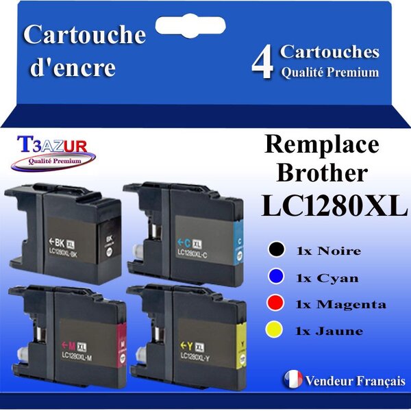 T3AZUR- Lot de 4 Cartouches compatibles avec Brother LC1240 / LC1280 XL pour Brother DCP-J525W  DCP-J725DW  DCP-J925DW