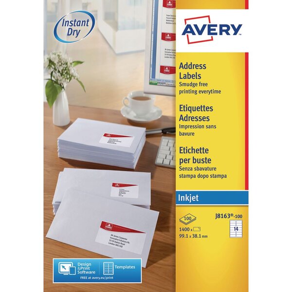Étiquettes blanches pour imprimante jet d'encre j8163, 99,1 x 38,1 mm, 14 étiquettes par feuille (paquet 1400 unités)