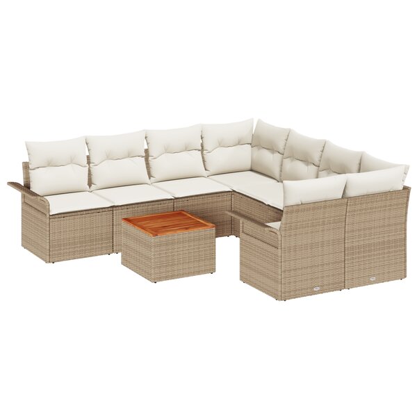 Ensemble de canapé de jardin de 9 pièces avec coussins beige en poly rotin et acacia