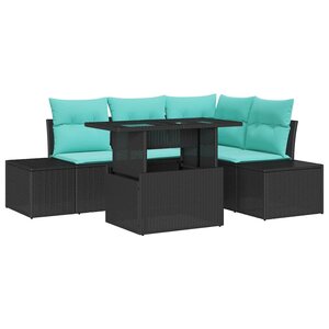 vidaXL Ensemble de canapé de jardin 6 Pièces Noir et Bleu polyrotin