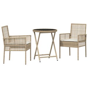 Ensemble de Bistro de Jardin 3 Pièces avec Coussins Beige en Poly Rattan