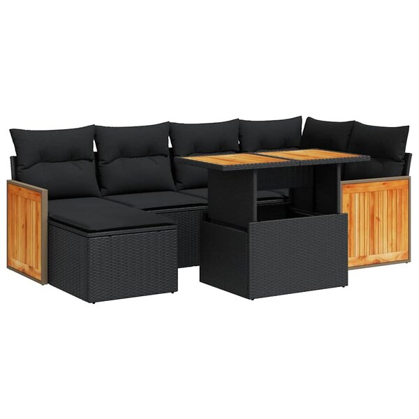 vidaXL Salon de jardin avec coussins 7 Pièces noir résine tressée acacia