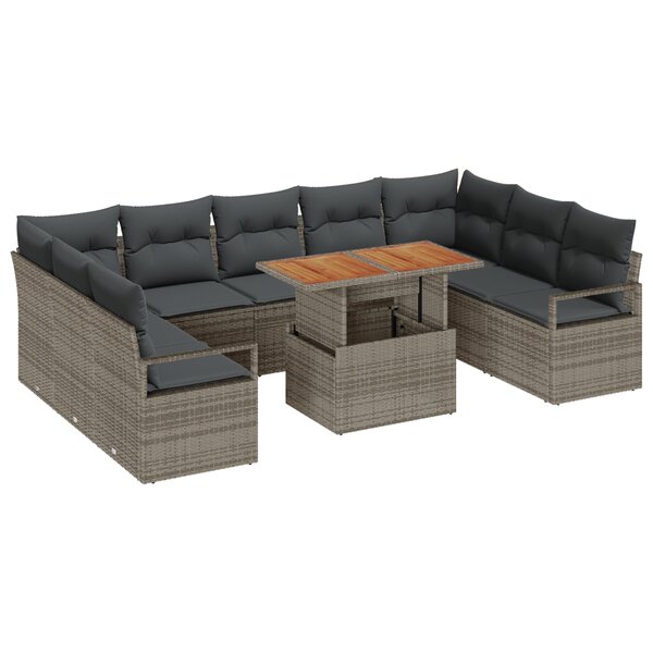Ensemble de Canapé de Jardin 10 Pièces avec Coussins Gris Rattan Poly
