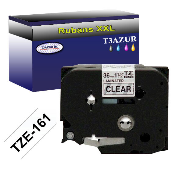 Ruban d'étiquettes laminées générique Brother Tze-161 pour étiqueteuses P-touch - Texte noir sur fond transparent - Largeur 36 mm x 8 mètres - T3AZUR