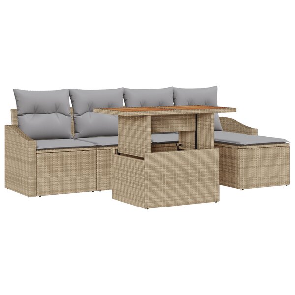 vidaXL Ensemble repas jardin 6 pièces avec coussins Beige Poly Rattan Acacia