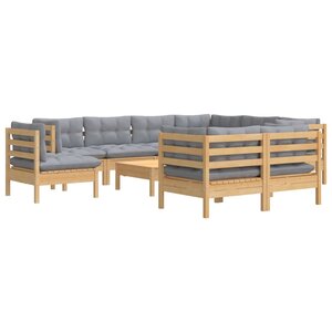 Salon de jardin meuble d'extérieur ensemble de mobilier 10 pièces avec coussins gris bois de pin solide 02_0015037
