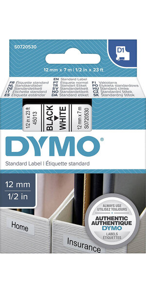 DYMO cassette ruban D1 12mm x 7m Noir/Blanc (compatible avec les LabelManager et les LabelWriter Duo)